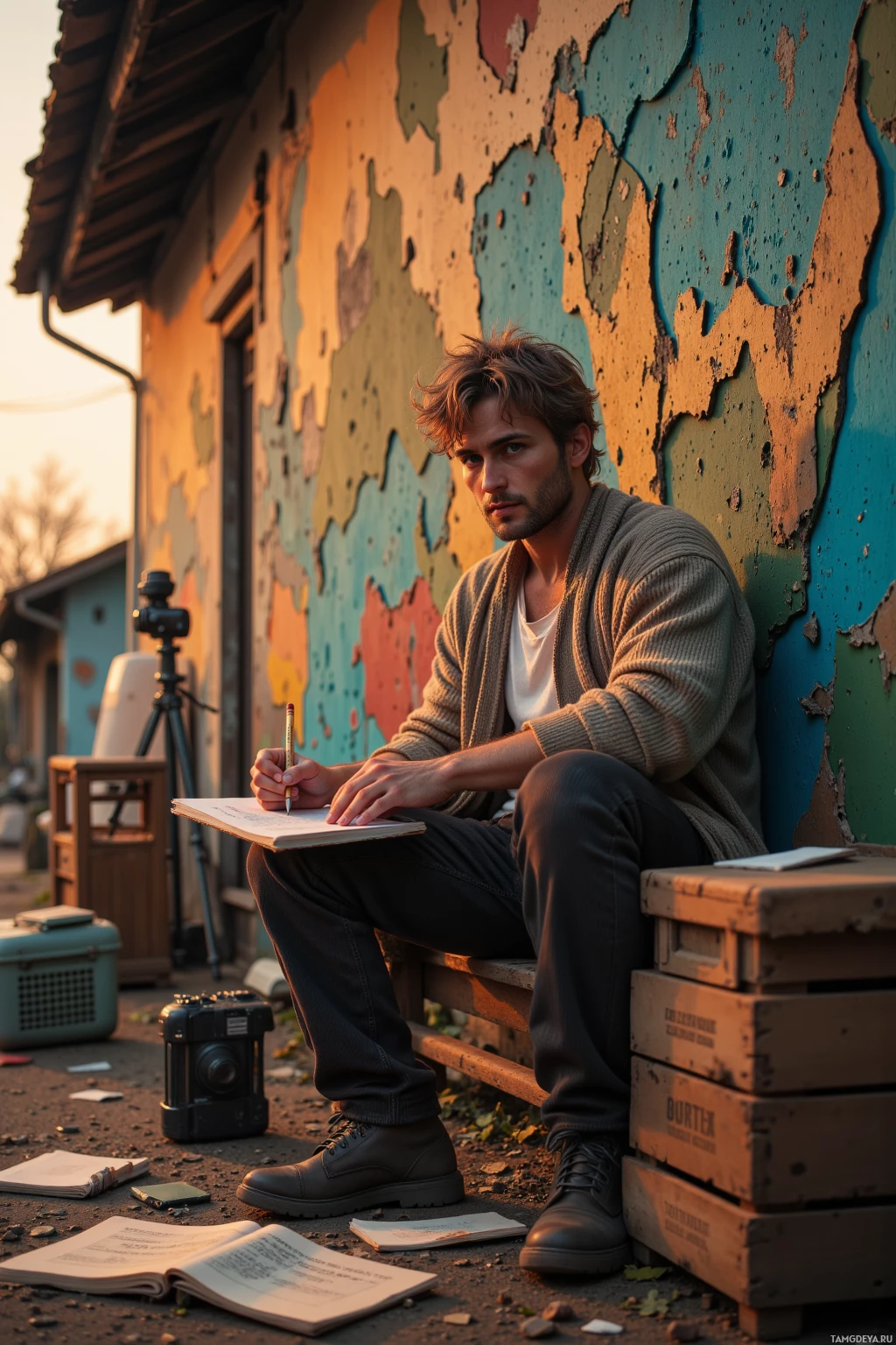 A person sits on crates against an old wall, writing in a notebook with a pencil while surrounded by various items like books and cameras.