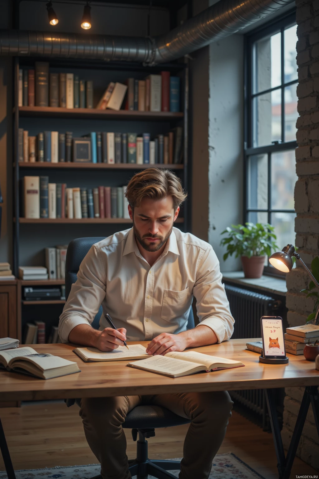 A man is sitting at a desk in a study area, writing in an open book with another book and a smartphone nearby.