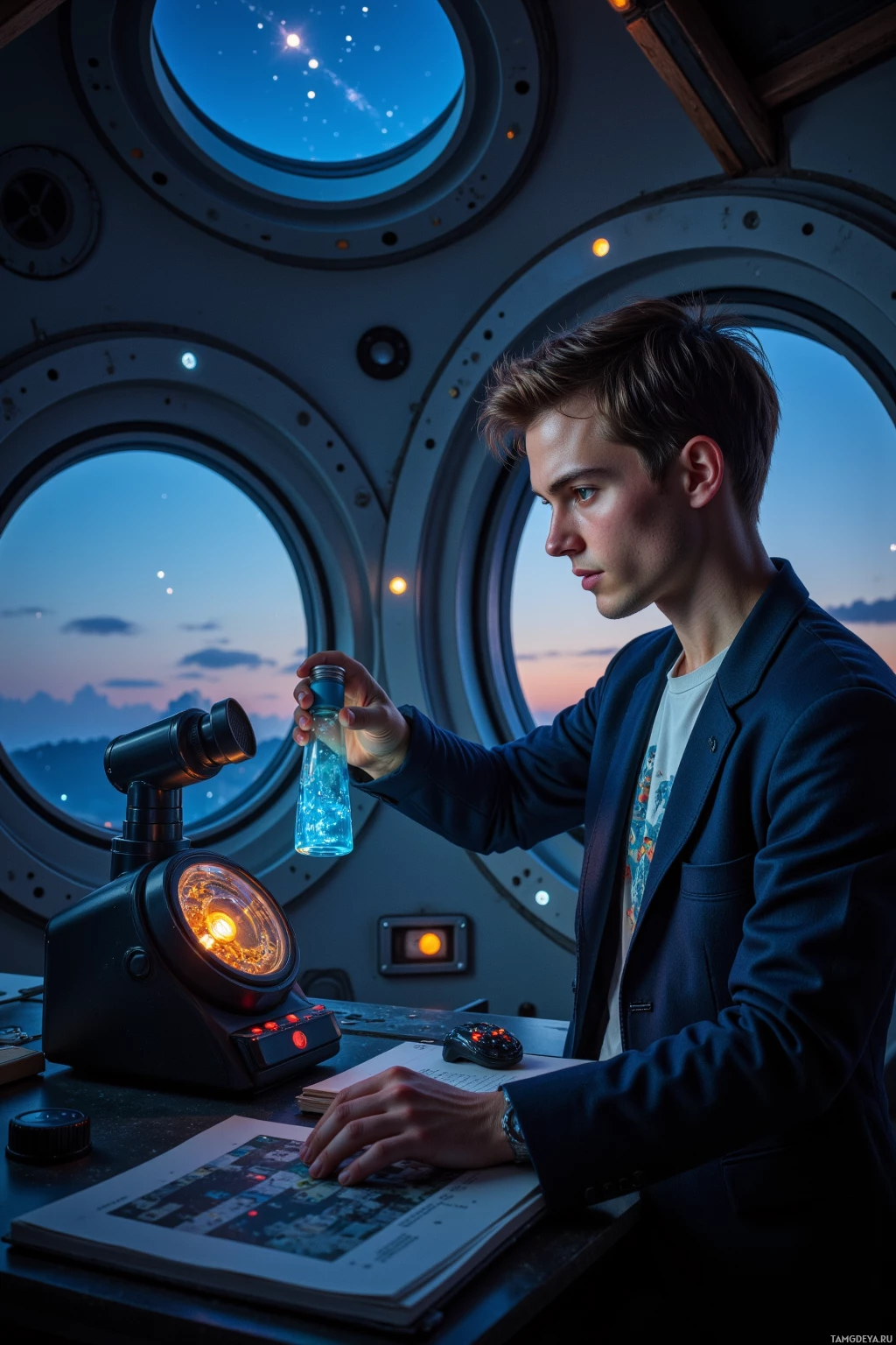 A person examines a glowing blue object in front of a control panel and portholes showing a starry sky.