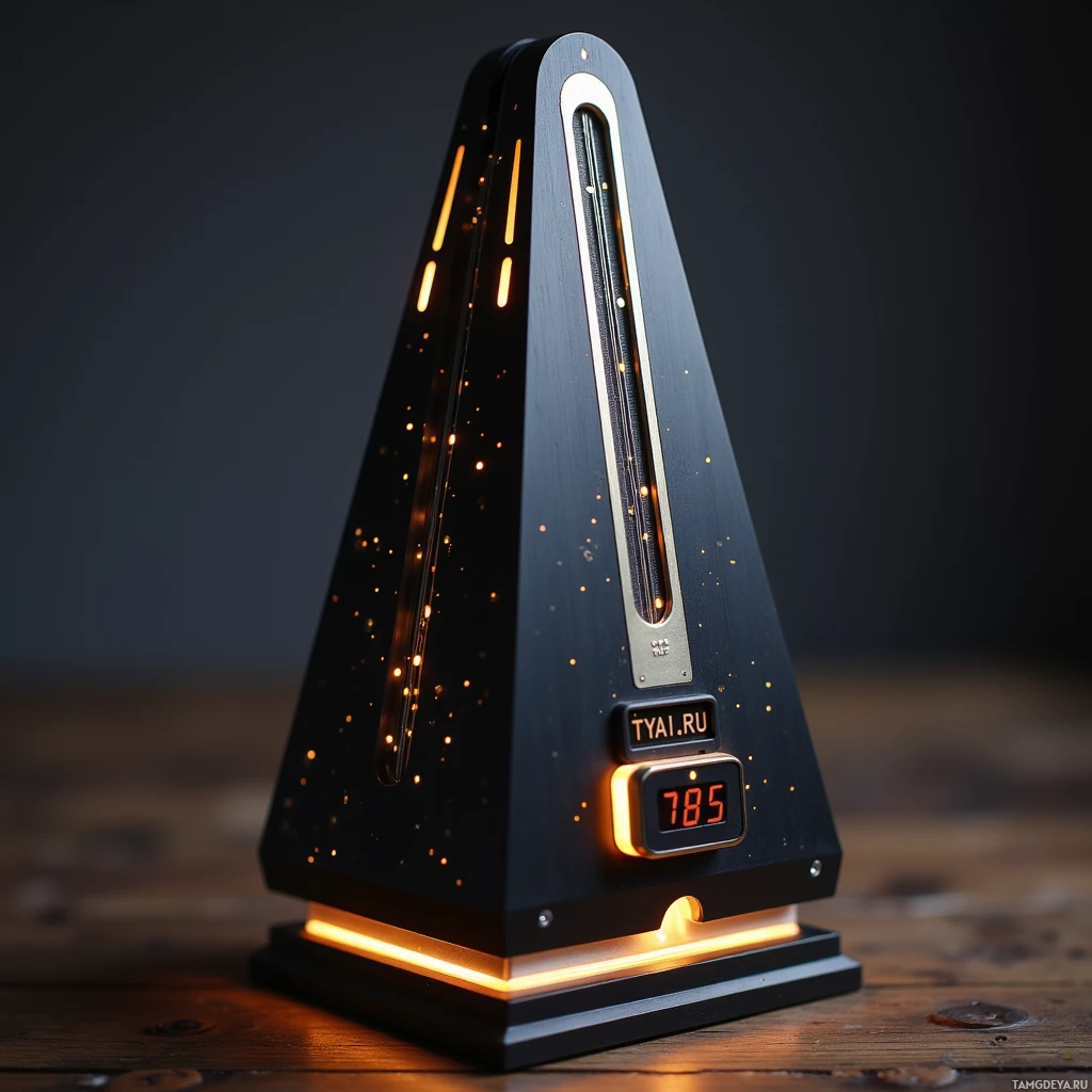 A modern, triangular device with glowing orange lights and a digital display reading "785" sits on a wooden surface.