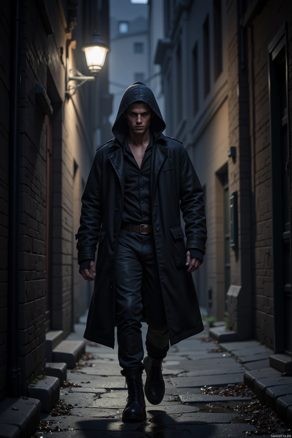 A man in a black hooded coat and pants walks down a dimly lit alleyway.