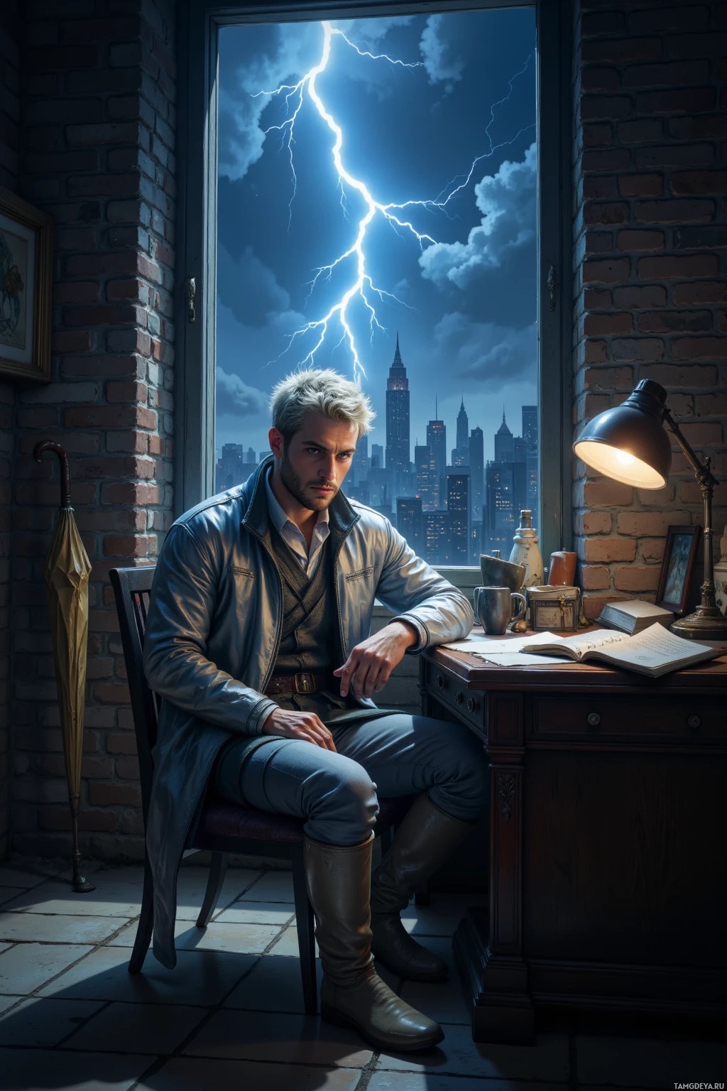 A man sits at a desk in a room with a cityscape and lightning in the background.
