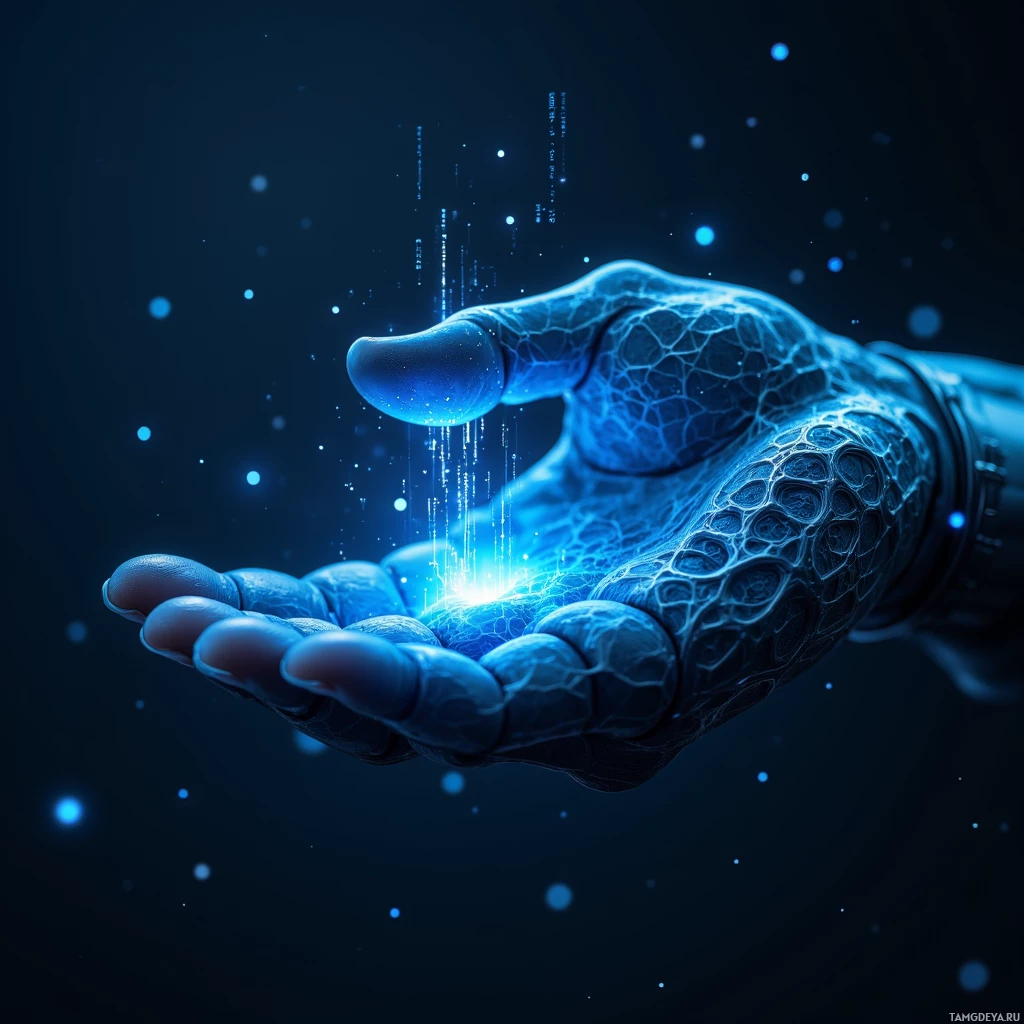 A hand with a glowing, intricate pattern holds a stream of light against a dark background.