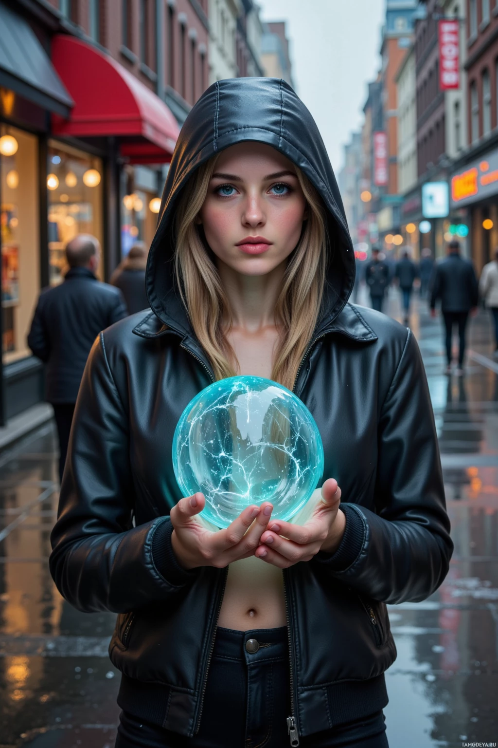 A person in a black hooded jacket holds a glowing blue orb with intricate patterns in a city street setting.