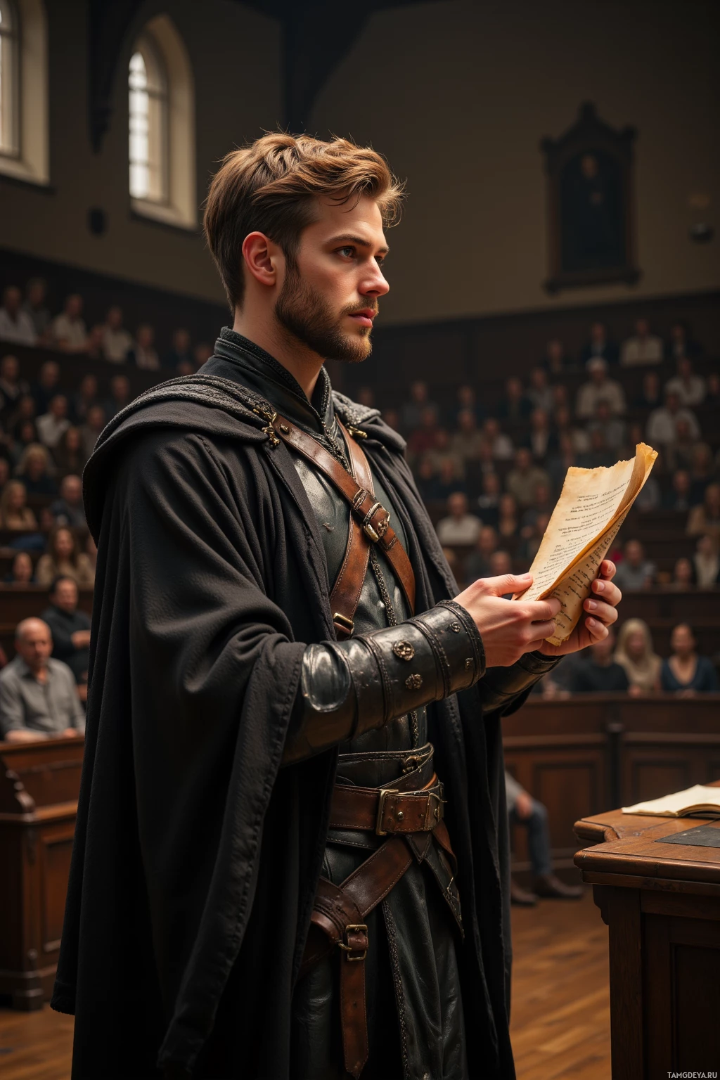 A man in a medieval-style outfit stands in a courtroom, holding a document.