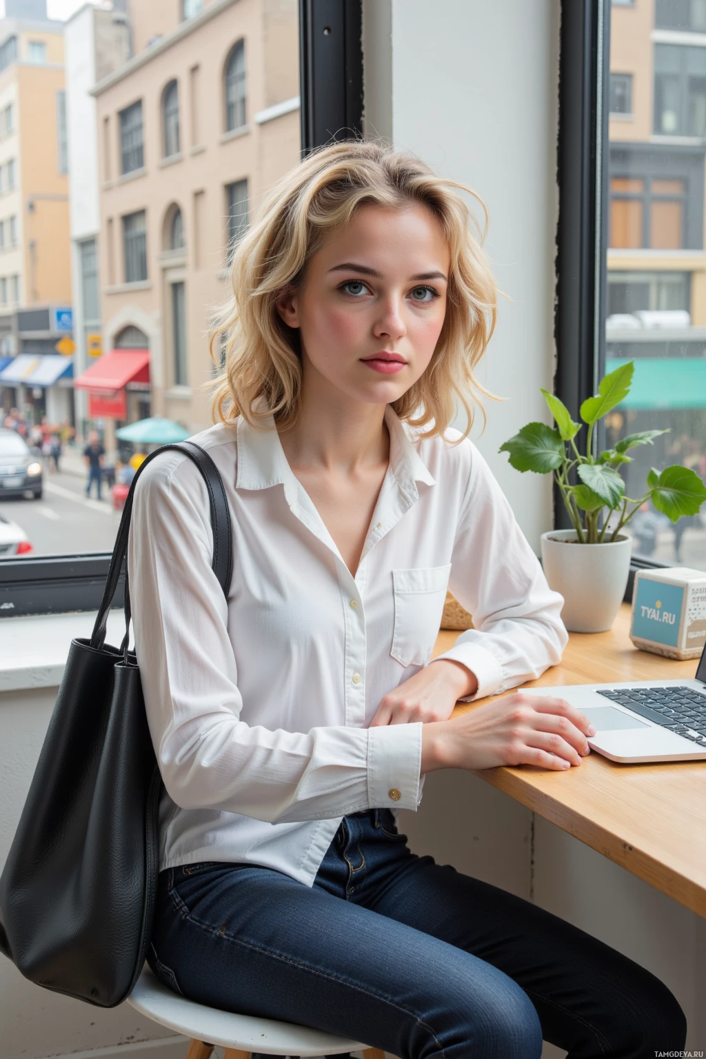 A woman in a white shirt and jeans sits at a table with a laptop, in front of a window with a city view.