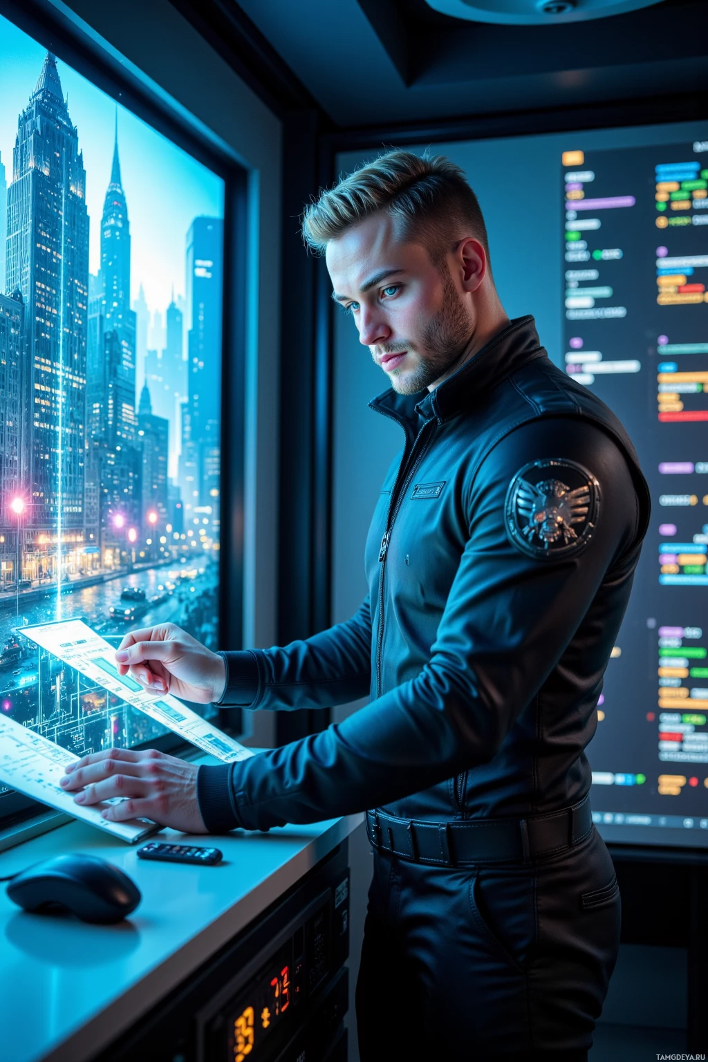 A person in a futuristic uniform stands at a control panel, interacting with a holographic display.