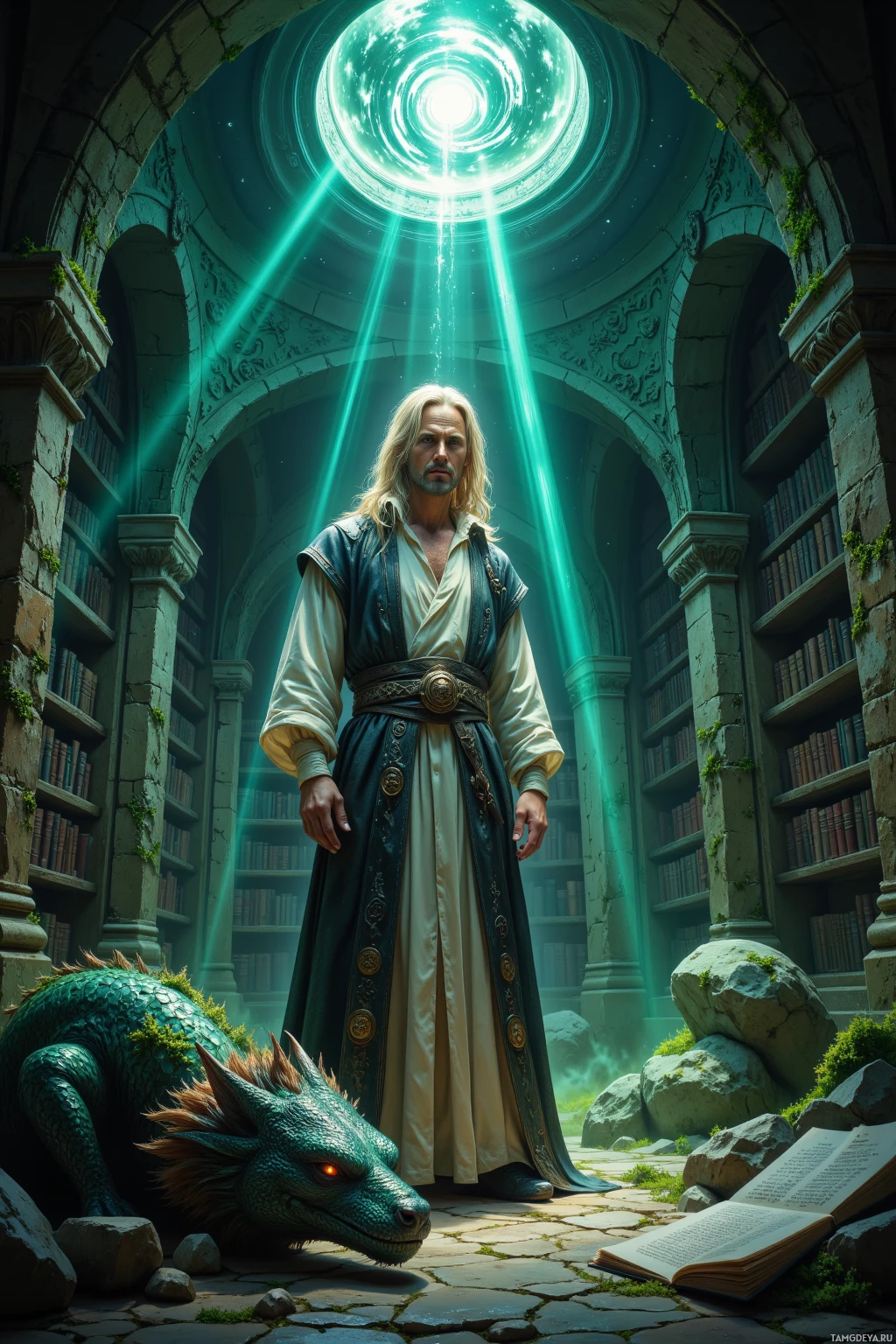 A man in a medieval-style robe stands in a library with a glowing portal above him, accompanied by a small dragon.