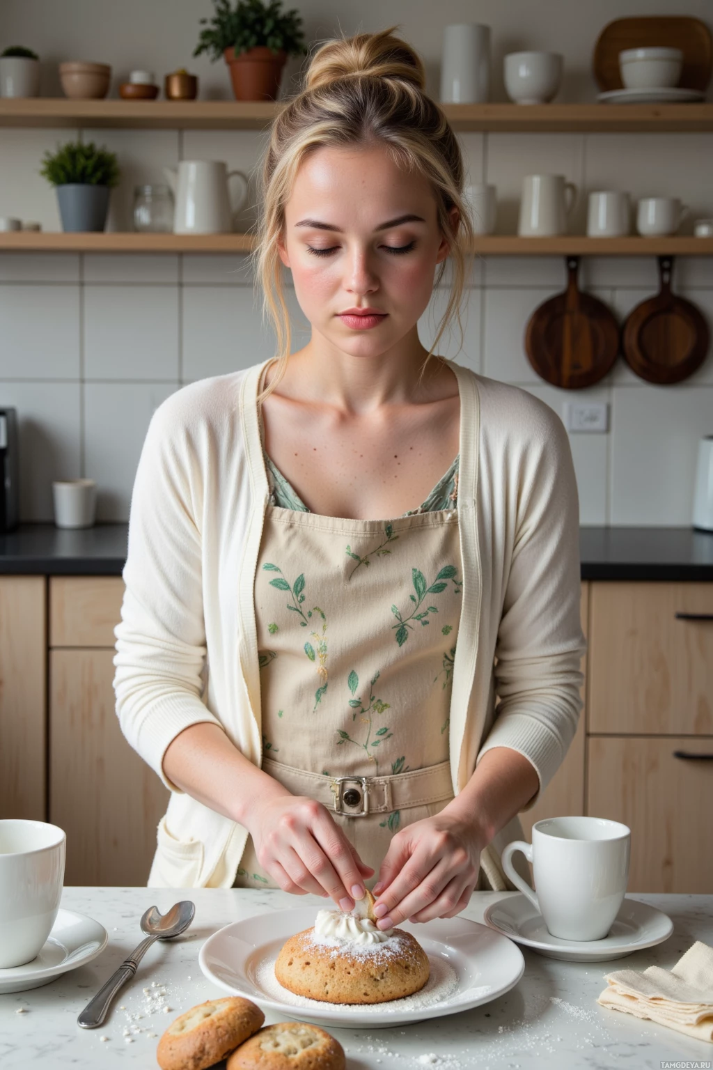 A person in an apron decorates a dessert in a kitchen setting.
