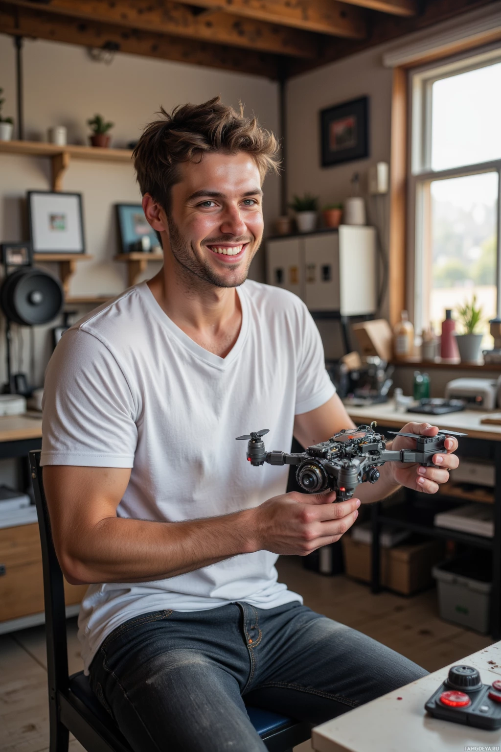 A person is sitting and holding a drone in their hands while smiling.