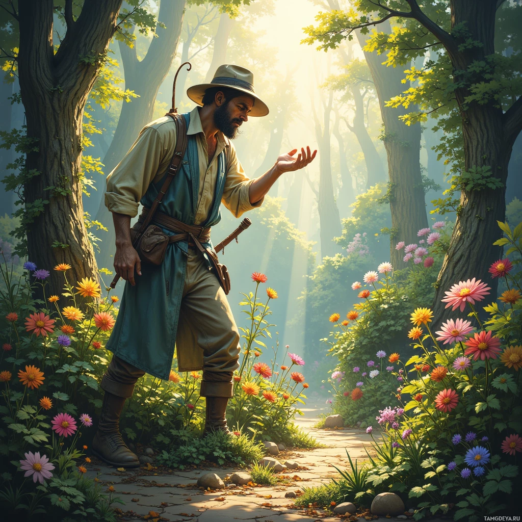 A man in a hat and explorer outfit stands amidst a vibrant forest with colorful flowers.