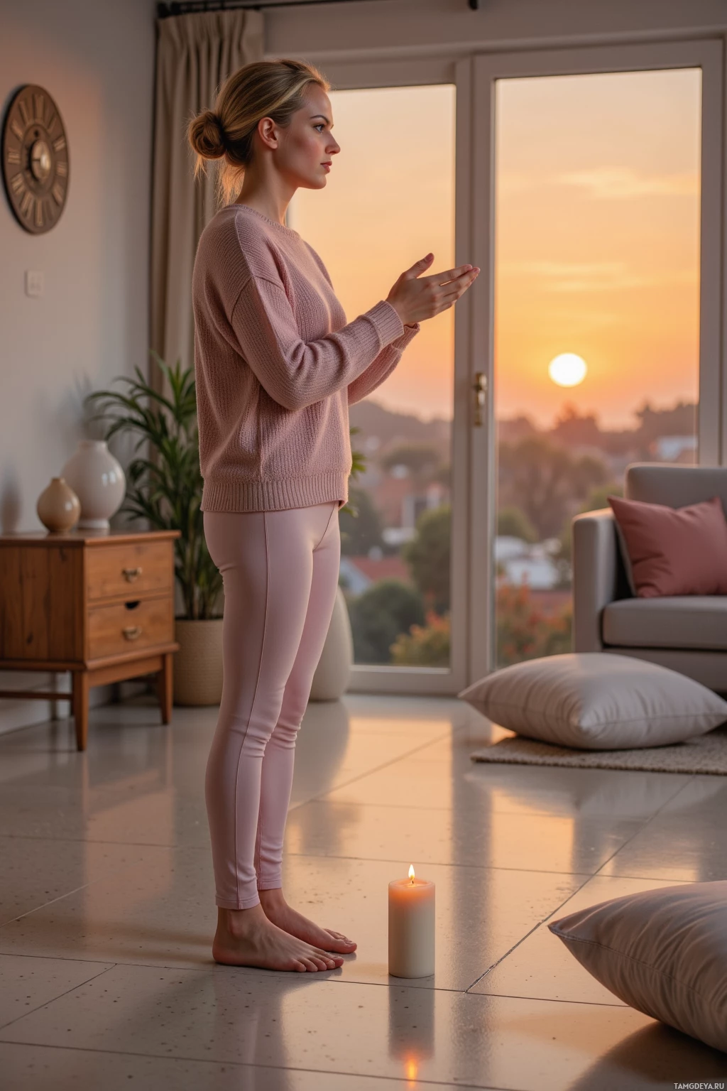 A woman stands barefoot in a cozy room with a lit candle on the floor and a sunset view through large windows behind her.