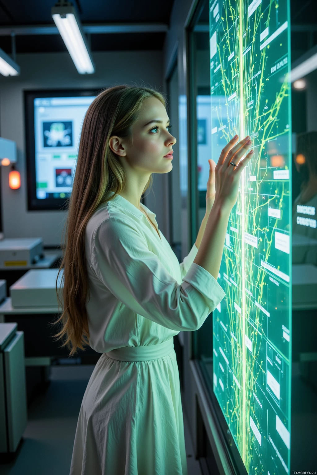 A woman in a light green dress interacts with a large, illuminated digital display in a modern, tech-focused environment.