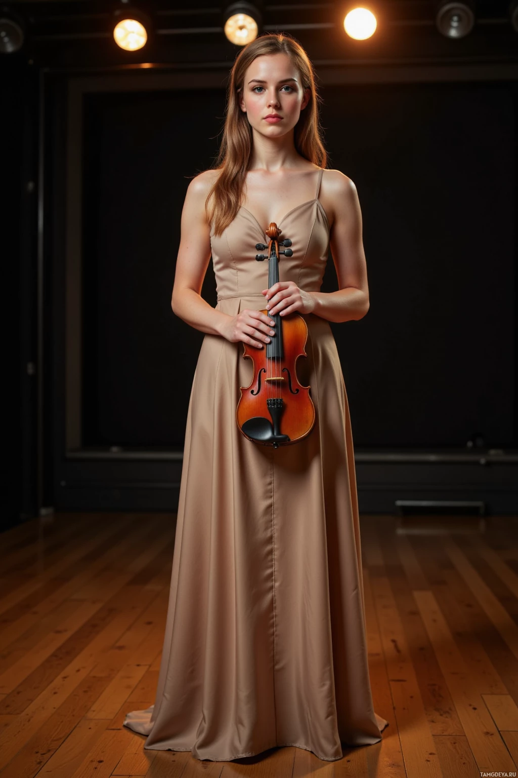 A person in a long, elegant dress holds a violin in a warmly lit room.