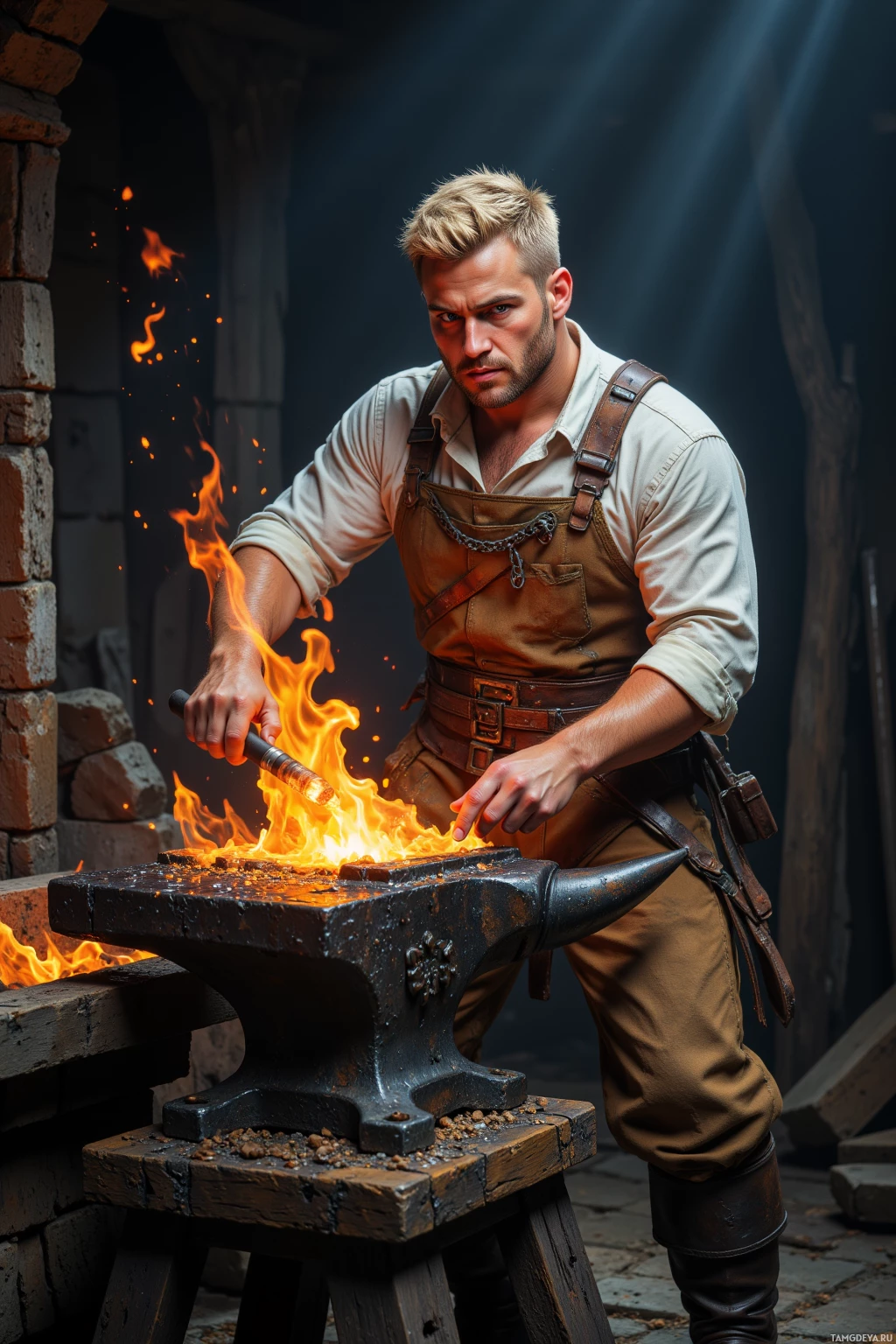 A blacksmith works with a glowing hammer on an anvil in a forge.