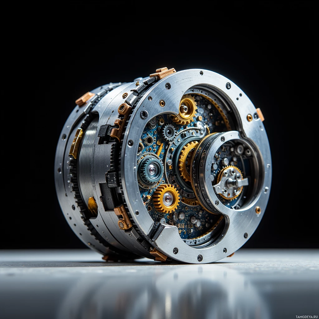 A close-up view of a mechanical gear assembly with metallic and gold components.