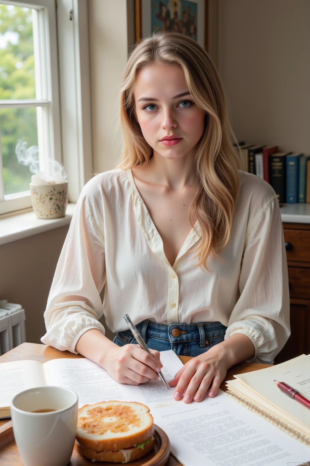 A person is sitting at a desk, writing in a notebook with a pen, surrounded by books and a sandwich.