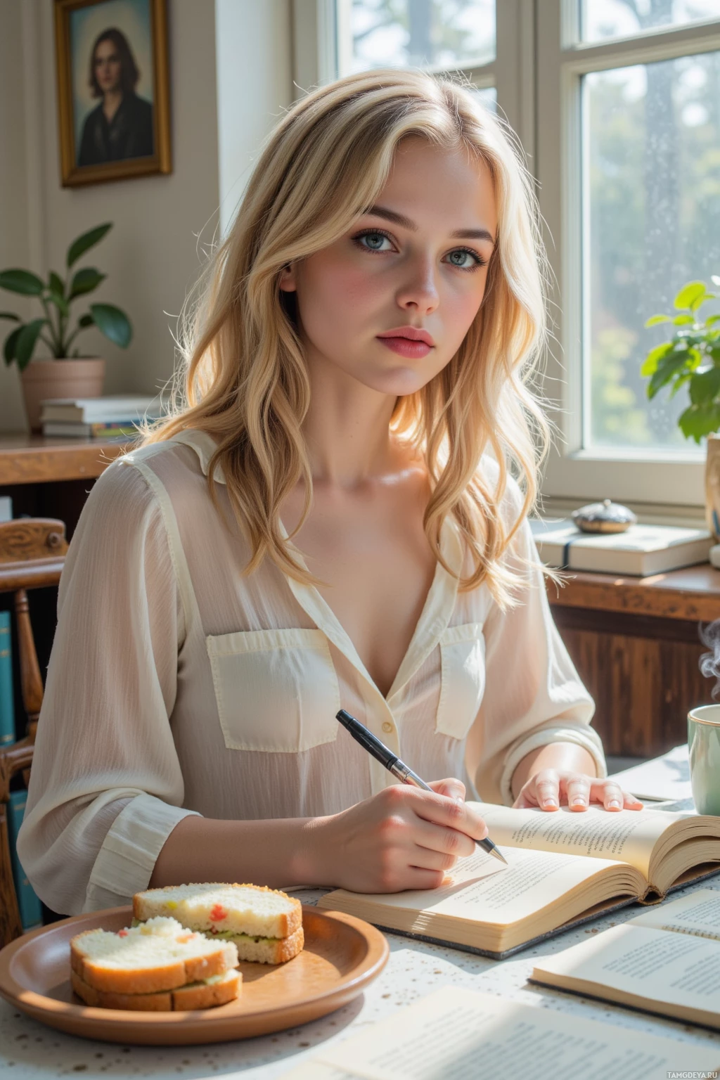 A person is sitting at a table with books and a plate of sandwiches, writing in a notebook.