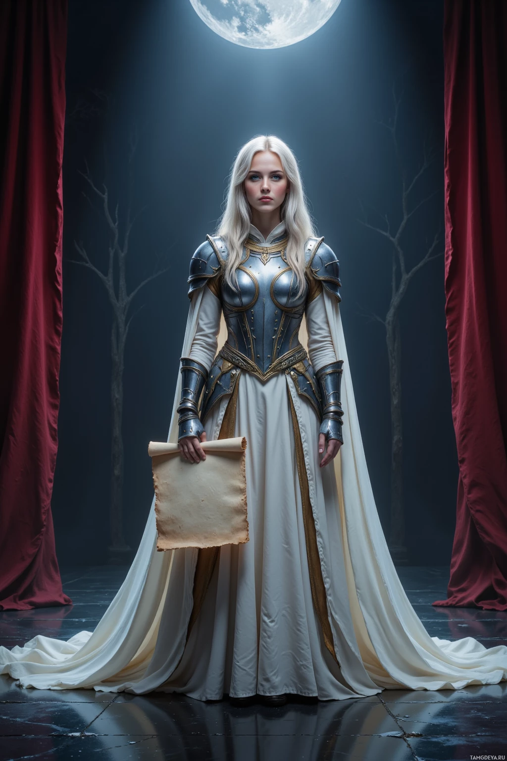 A woman in a medieval-style armor and flowing white gown holds a parchment scroll, standing under a full moon.