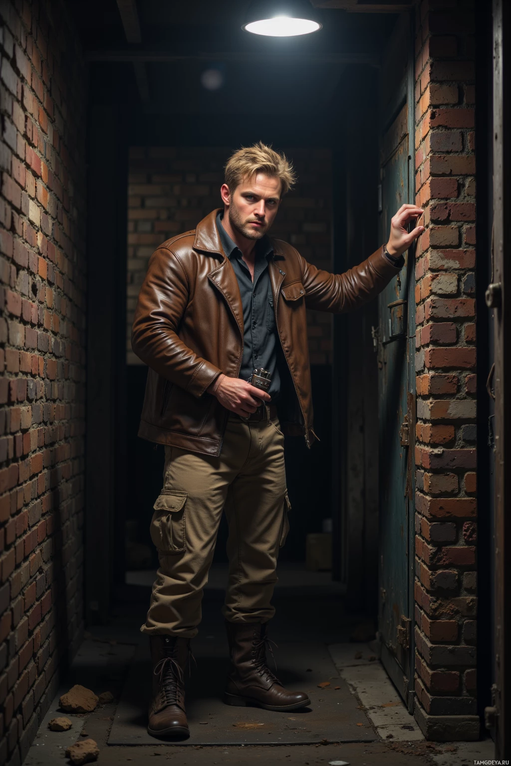 A man in a brown leather jacket and cargo pants stands in a dimly lit brick corridor.