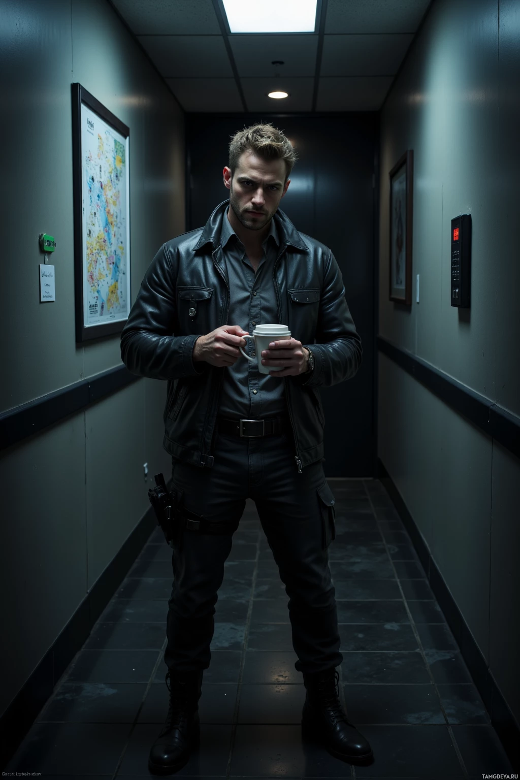 A man in a dark leather jacket stands in a dimly lit hallway holding a coffee cup.