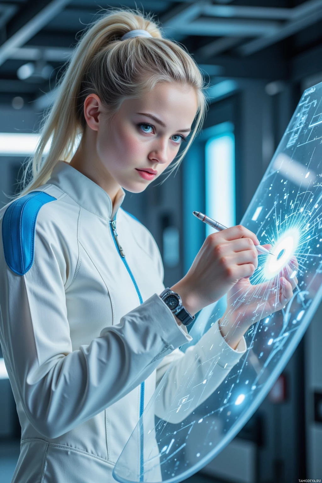 A person in a futuristic outfit interacts with a transparent, high-tech display.