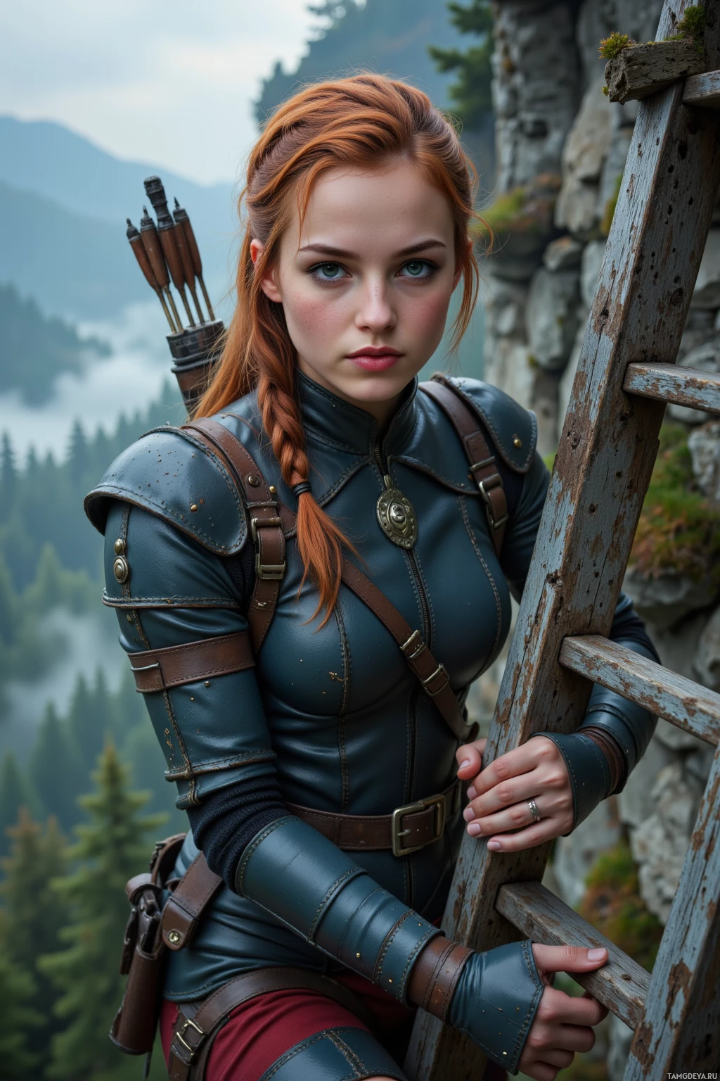 A person in leather armor stands on a wooden ladder against a mountainous backdrop.