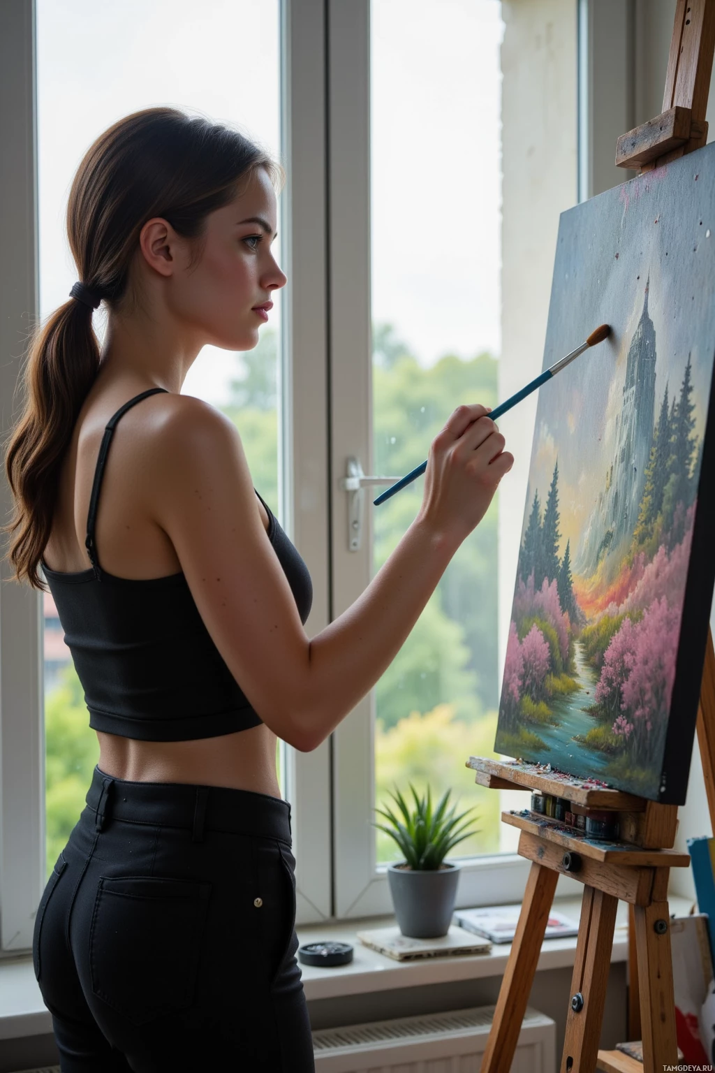 A woman paints a landscape on an easel in a room with a window.