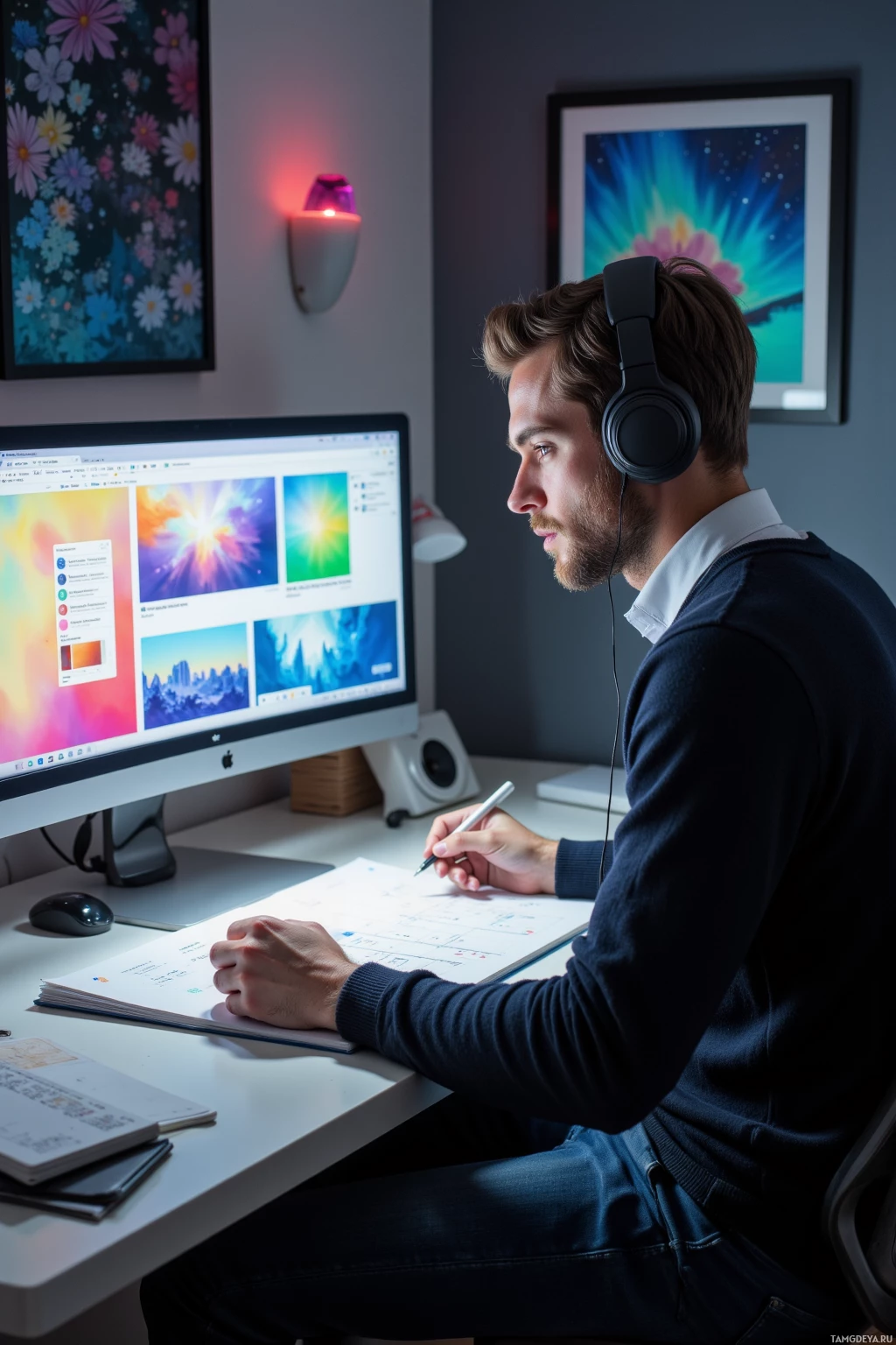 A person wearing headphones works at a desk with an iMac and notebook, surrounded by colorful wall art.