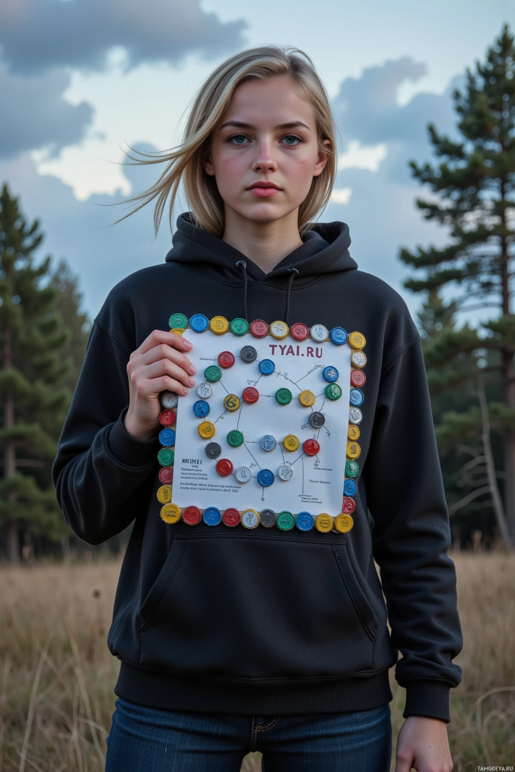 A person wearing a black hoodie holds a circular diagram with colorful bottle caps around it.