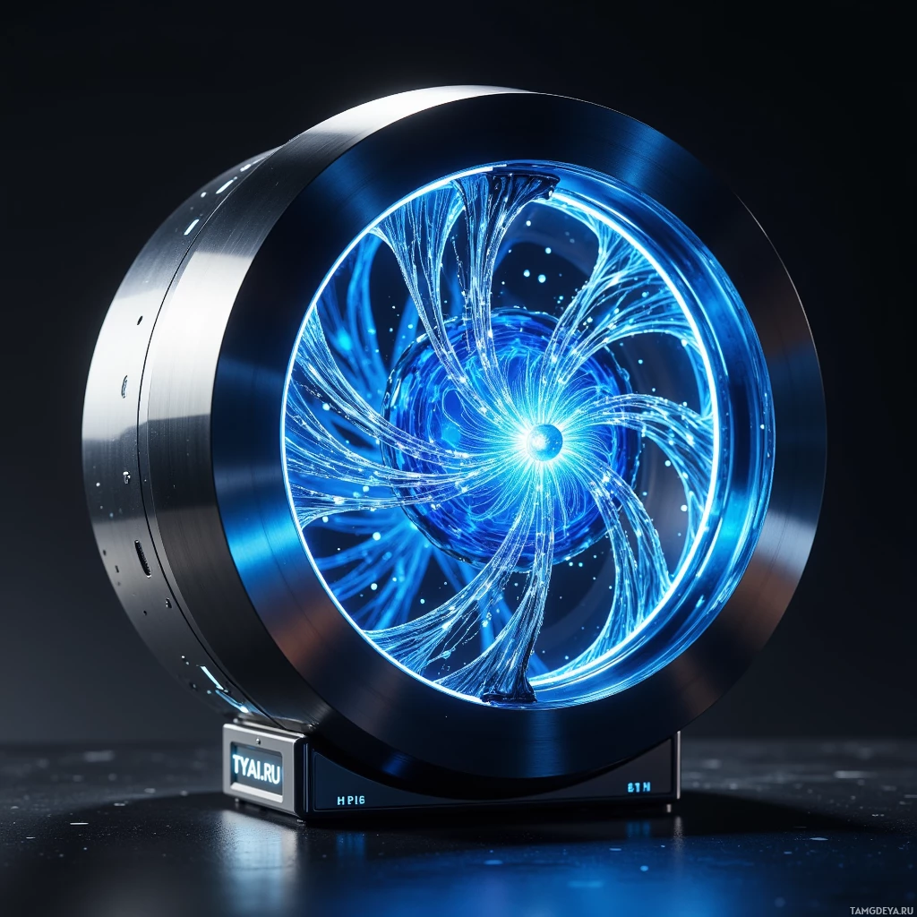A futuristic, circular device with glowing blue light and intricate patterns inside.