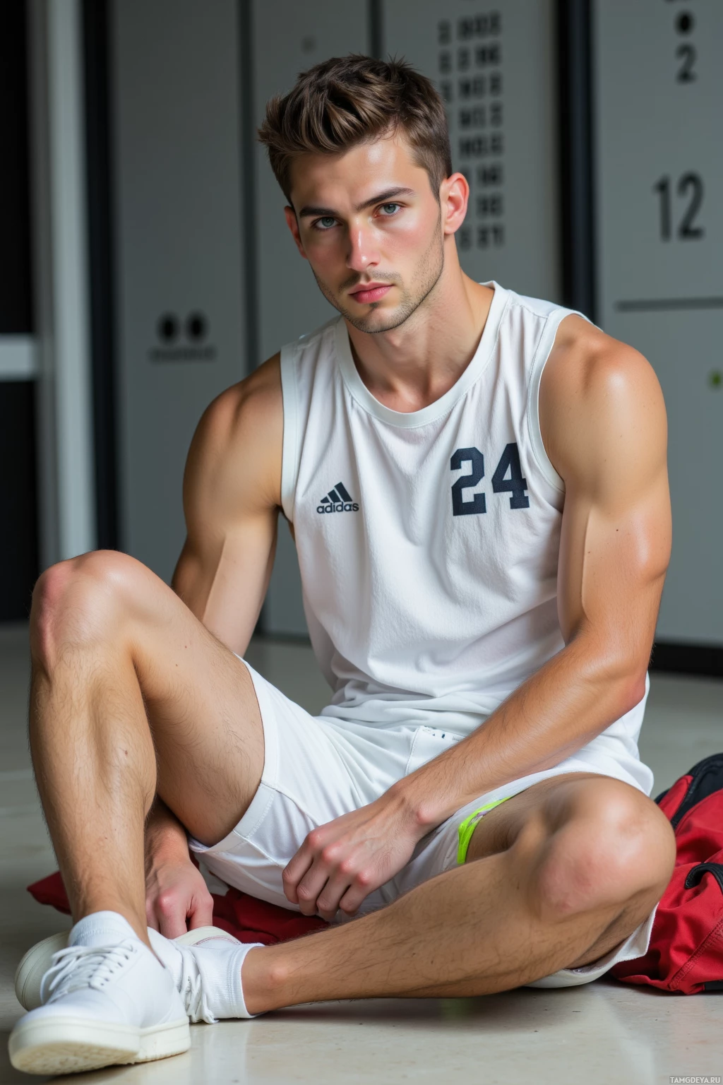 A young man in a white athletic uniform sits on the floor with his legs crossed.