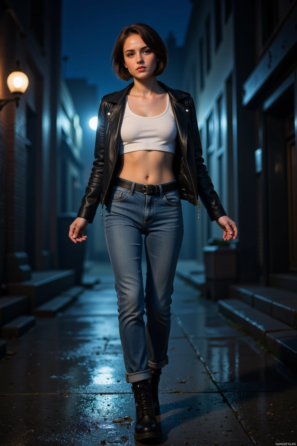 A woman walks down a dimly lit alleyway at night, wearing a leather jacket, white crop top, jeans, and combat boots.