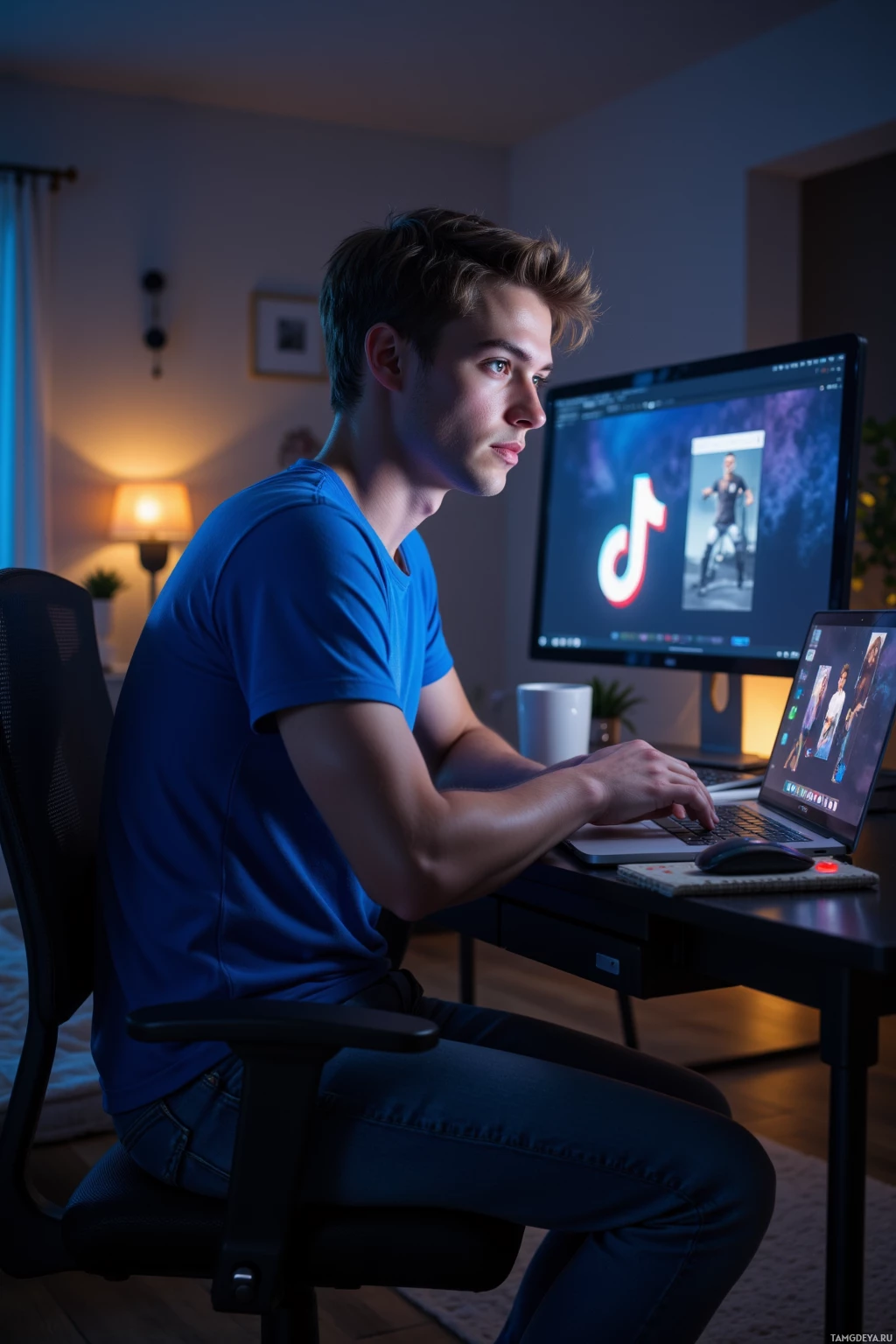 A person is sitting at a desk in a dimly lit room, working on a computer with a TikTok logo displayed on the screen.