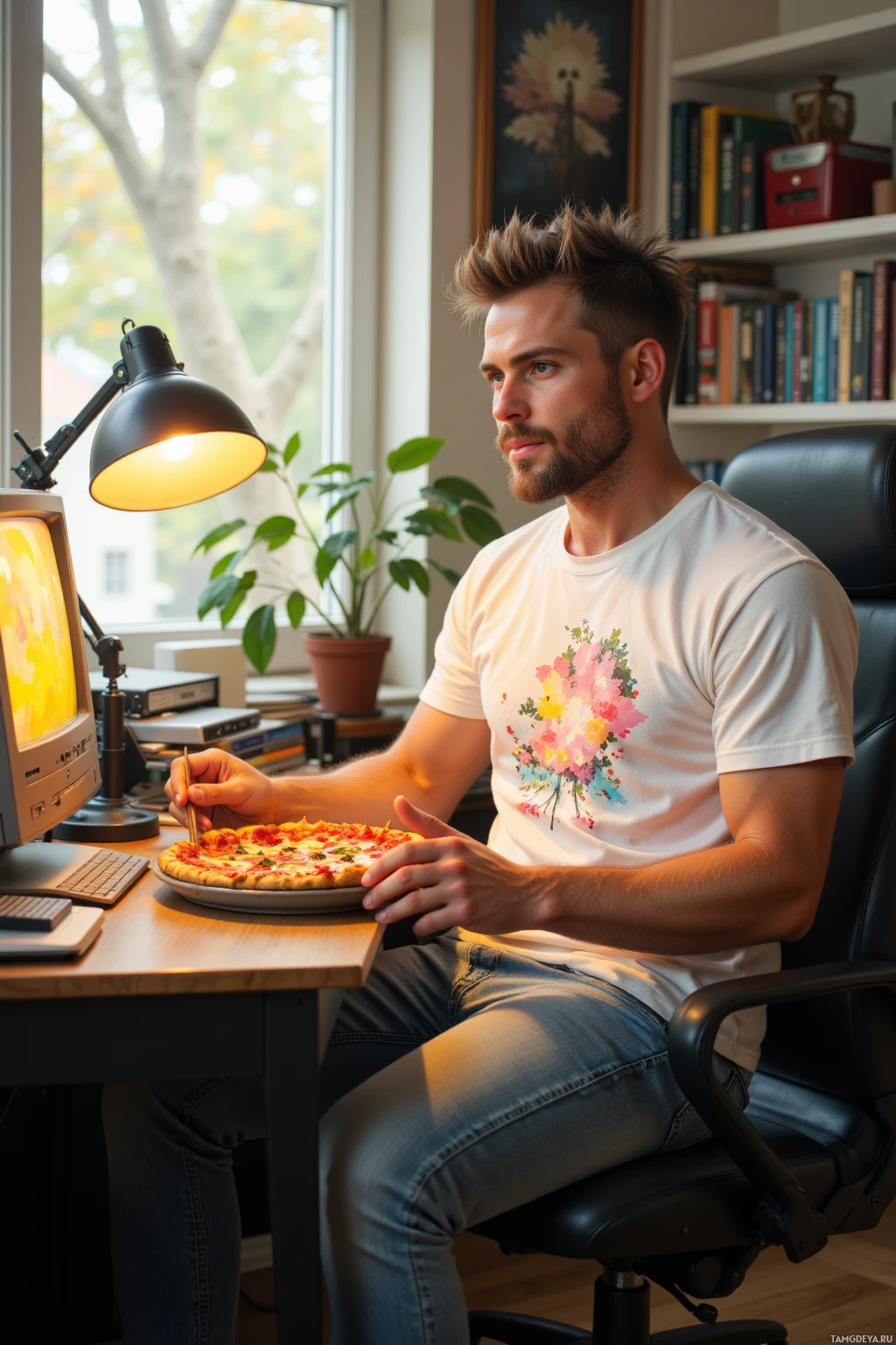 A person sits at a desk with an old computer and eats pizza while wearing a white t-shirt with colorful flowers on it.