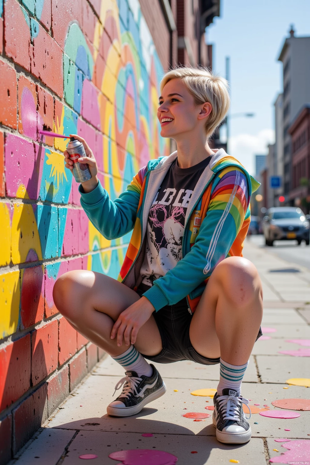 A person is crouching on a sidewalk, holding a spray paint can, with a colorful mural in the background.