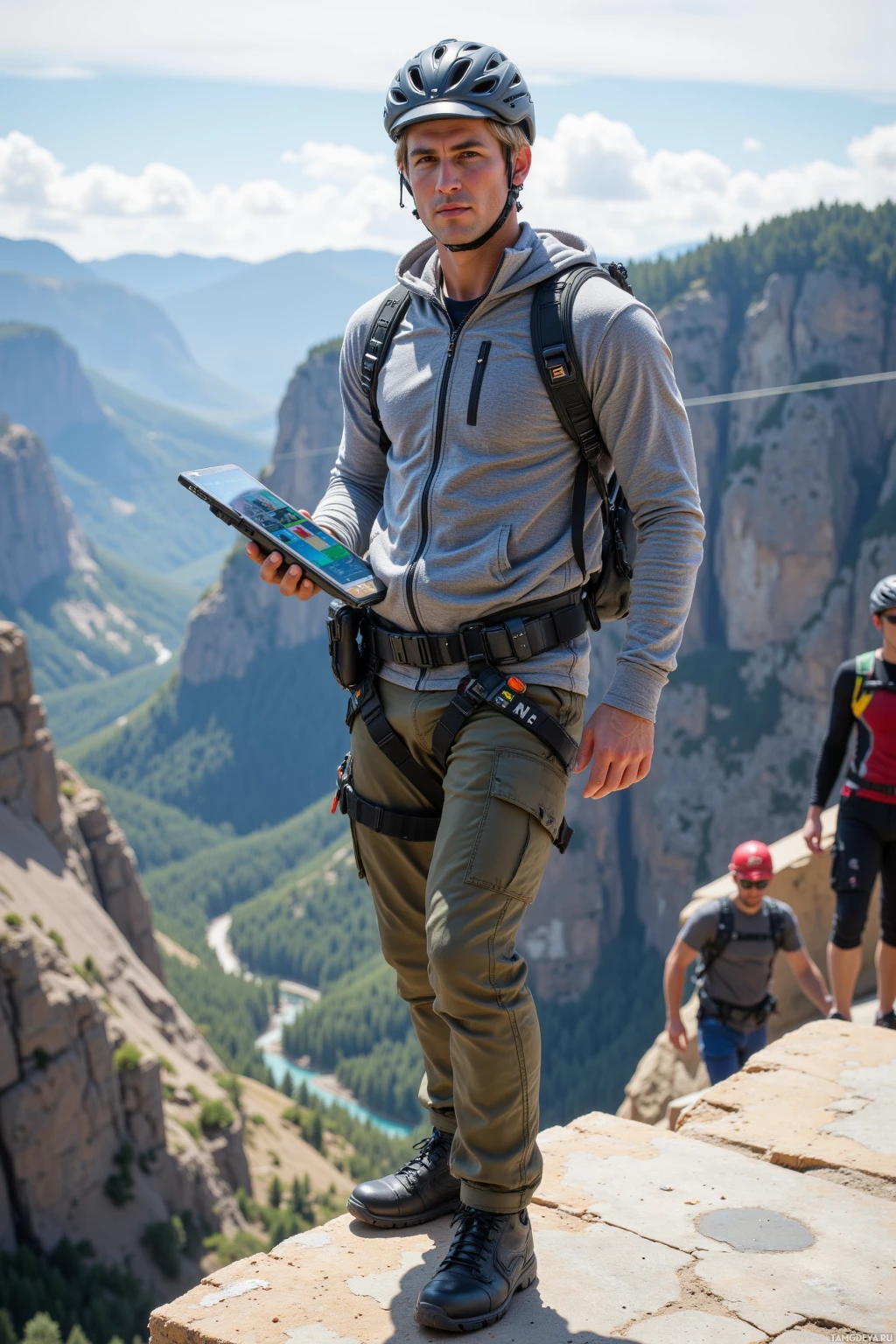 A person stands on a cliff edge with a scenic valley below, holding a tablet and wearing safety gear including a helmet and harness.