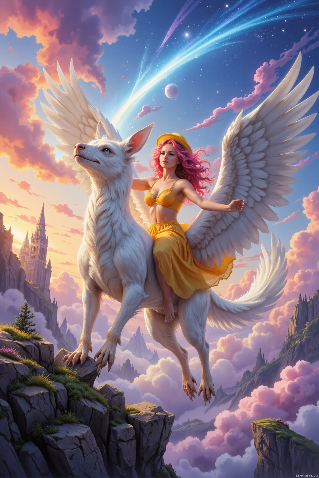 A woman with pink hair rides a winged creature over a mountainous landscape under a vibrant sky.