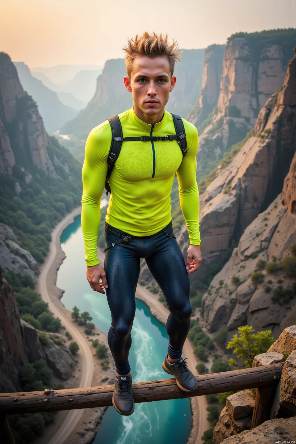 A person in a bright yellow top and black pants stands on a wooden railing overlooking a scenic valley.