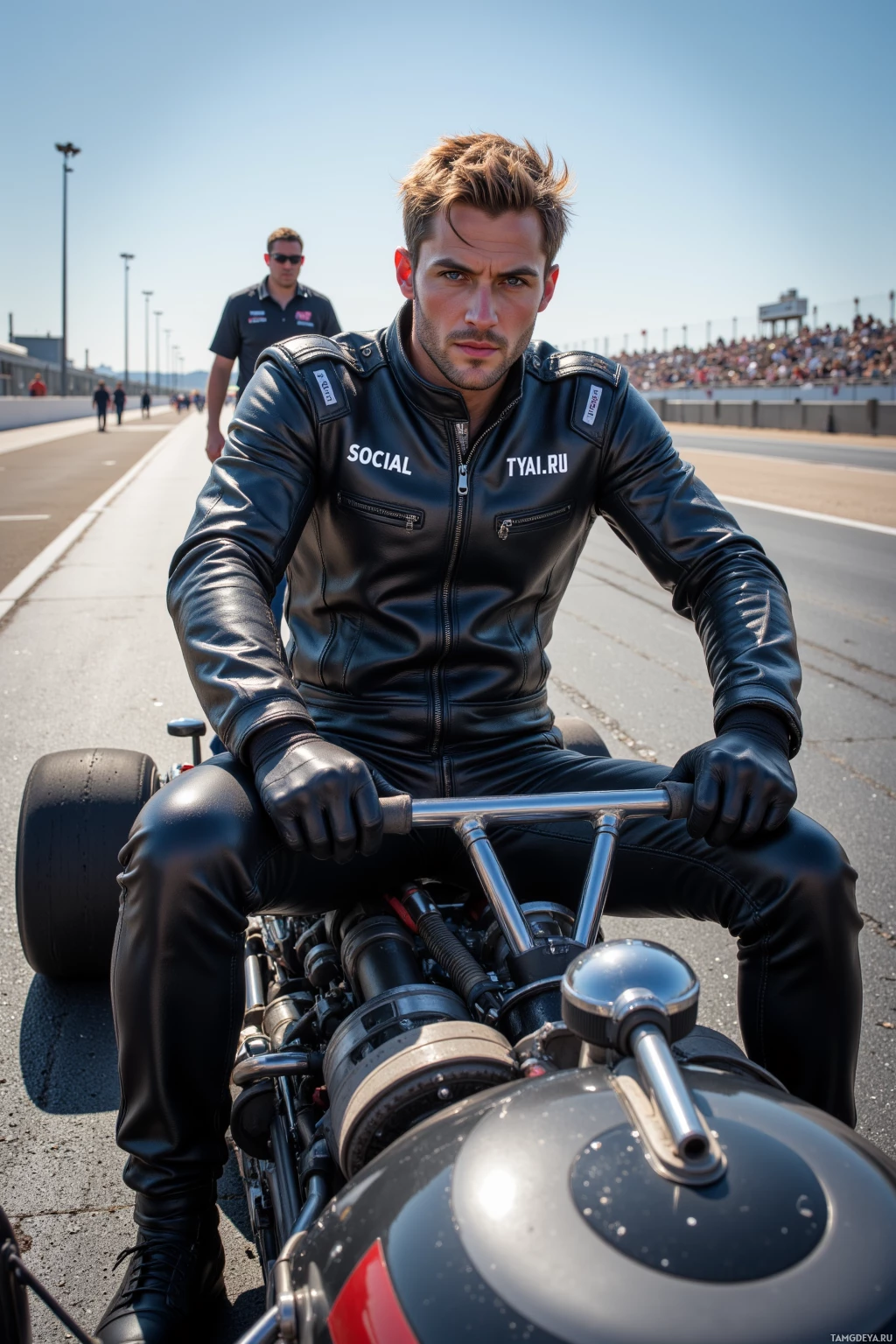 A person in a black leather outfit sits on a motorcycle on a sunny day.