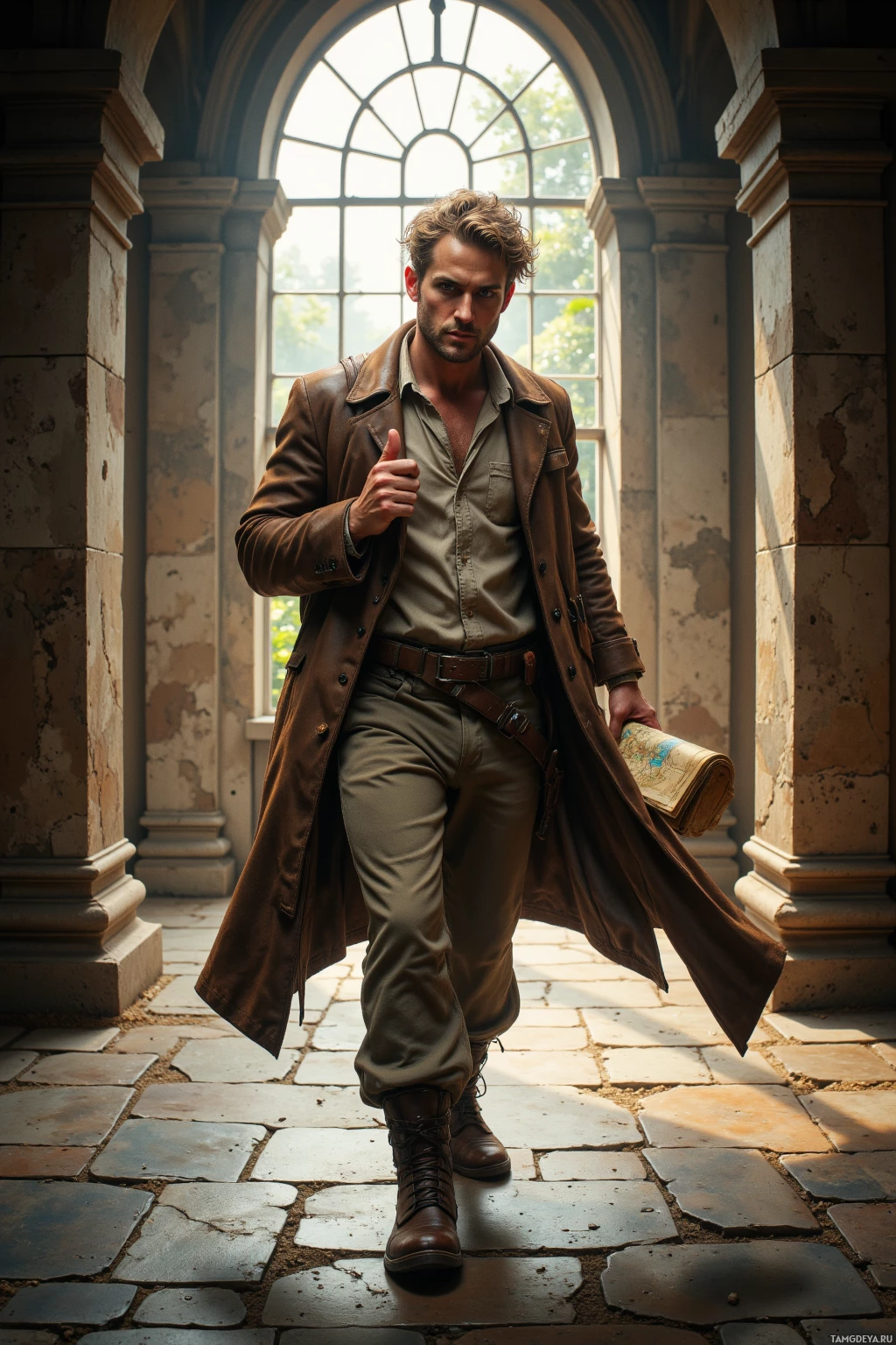 A man in a brown leather coat and khaki pants stands in an arched hallway, holding a map.