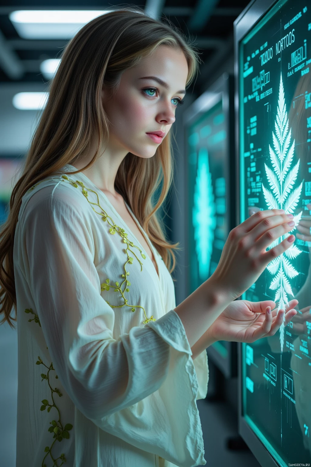 A person in a white embroidered top interacts with a futuristic interface displaying a leaf design.
