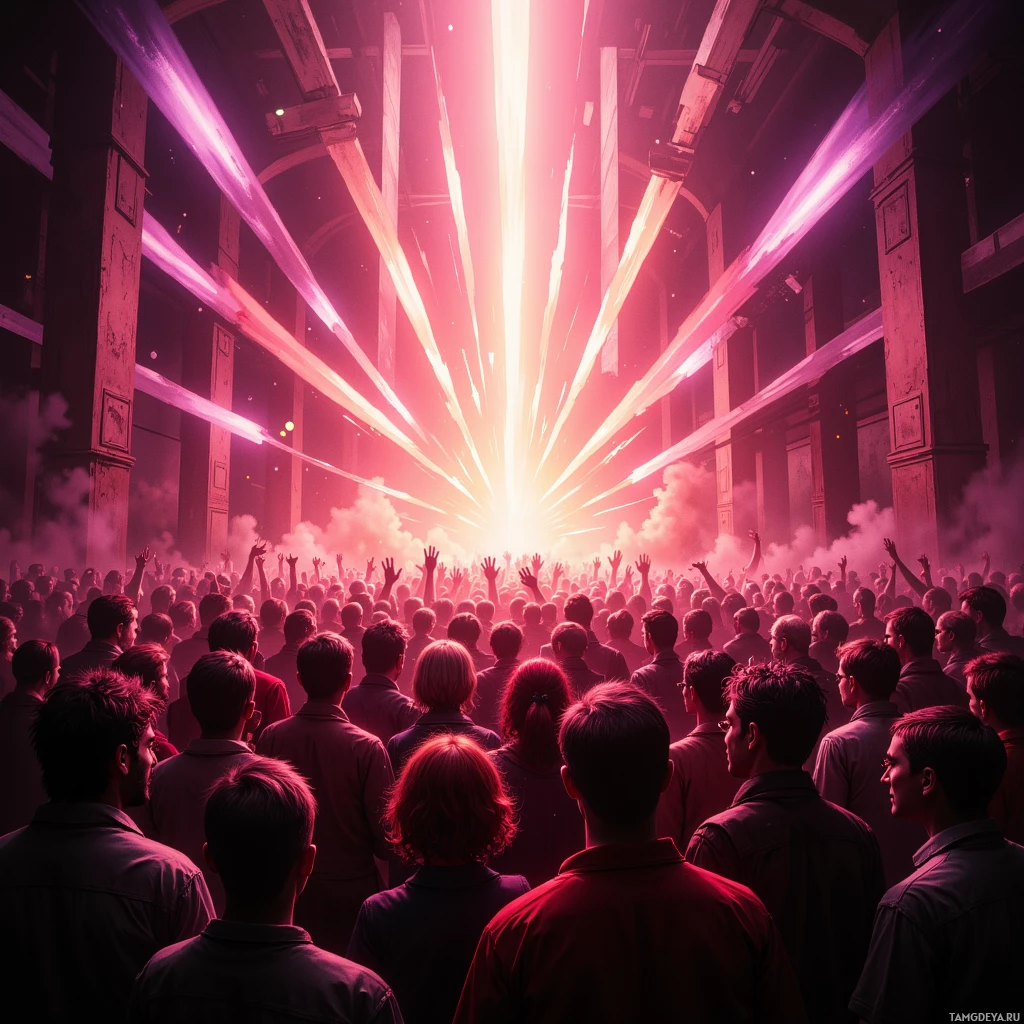 A crowd of people with their hands raised, illuminated by vibrant pink and yellow laser beams in a large, dimly lit venue.