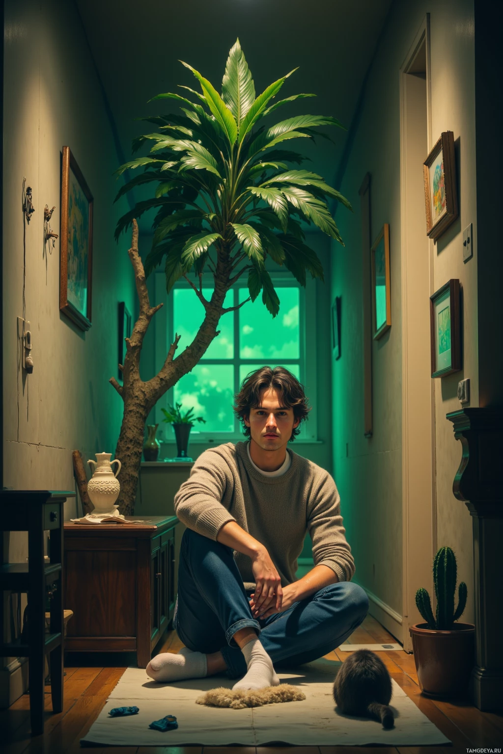 A man sits on the floor in a dimly lit hallway with a large potted plant and a small cactus nearby.