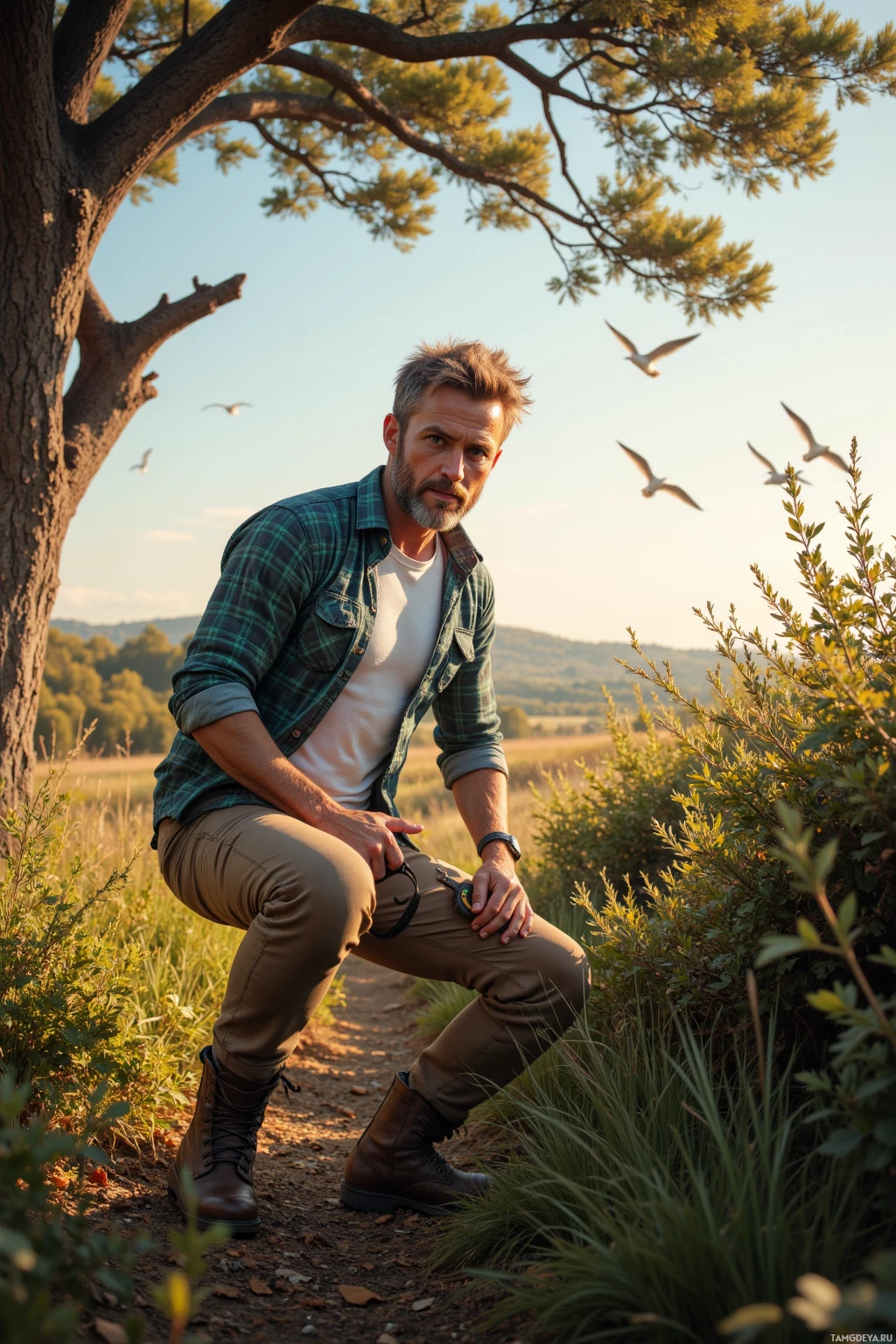 A man in a plaid shirt and boots squats on a path surrounded by nature.