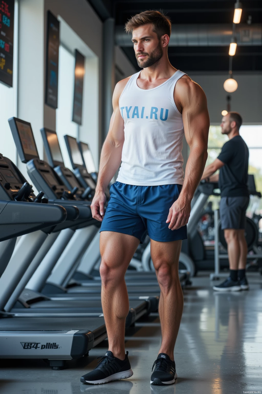 A man in athletic attire stands in a gym setting with treadmills visible in the background.