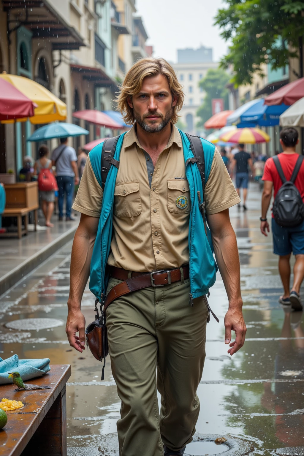 A man in a safari outfit walks down a rainy street.