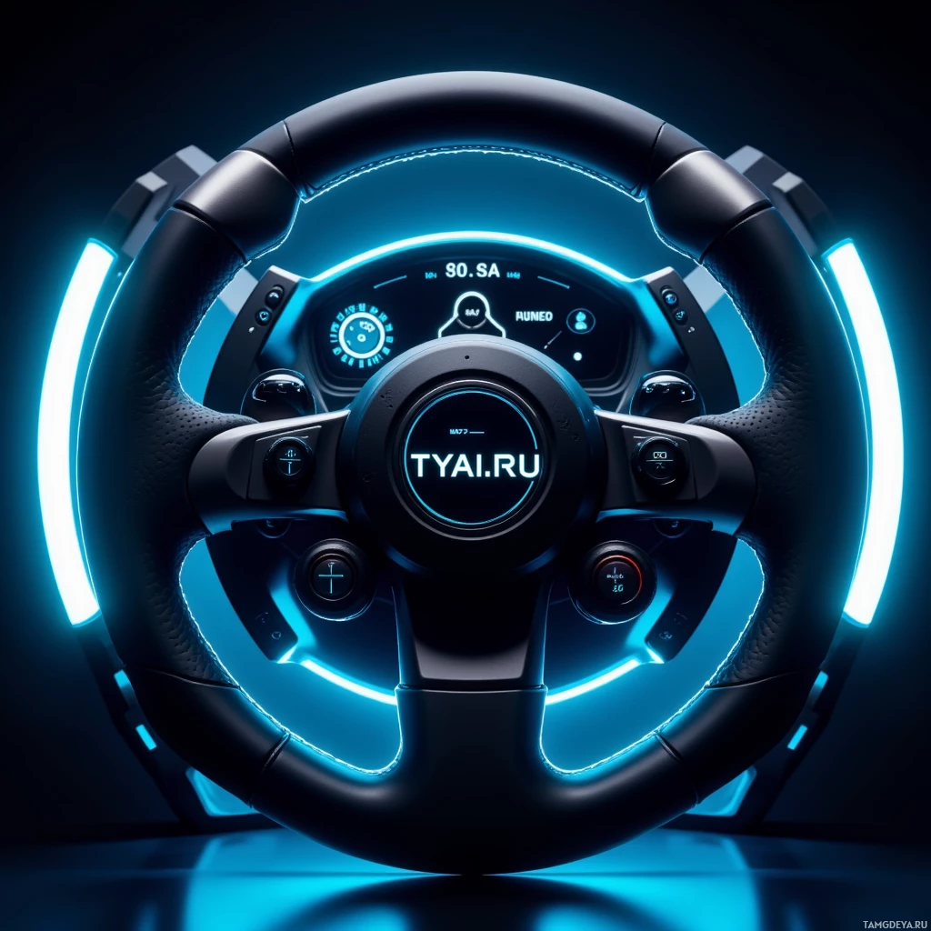 A futuristic steering wheel with glowing blue lights and a digital display.