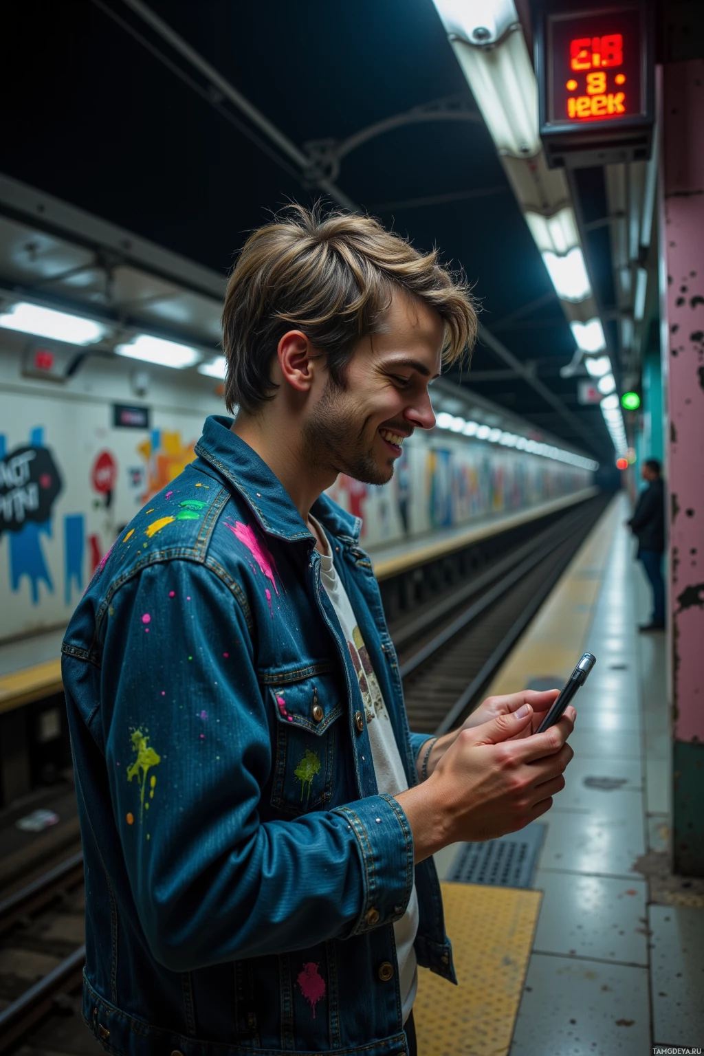 A person stands on a subway platform holding a phone and smiling.