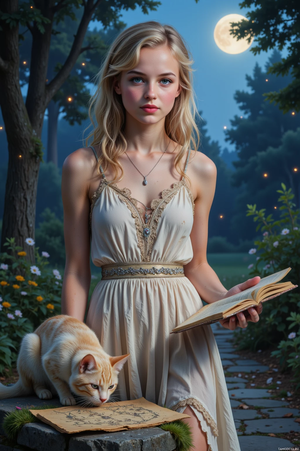 A woman in a dress holds an open book while a cat sniffs another book on a stone surface under a night sky with trees and moonlight.